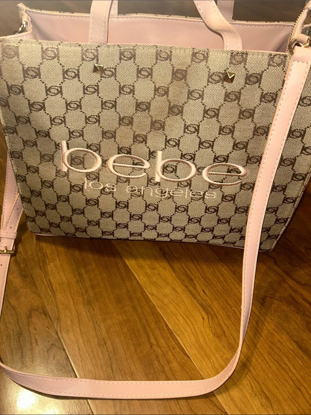 bebe Brown Patterned Tote with Pink Trim and Strap